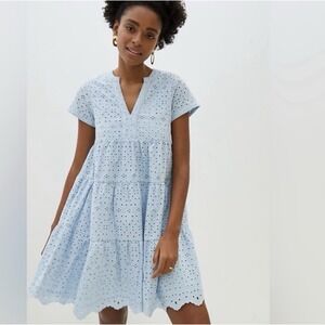 Anthropologie Maeve Harper Eyelet Babydoll Mini Dress Blue Petite LP